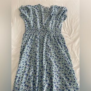 Elenita Shirred Waist Maxi Day Dress in Blue Floral